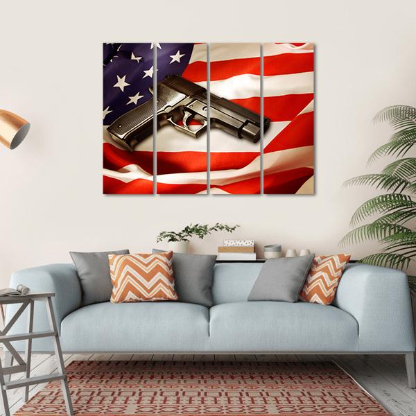 Gun Lying On American Flag Canvas Wall Art-4 Horizontal-Gallery Wrap-34" x 24"-Tiaracle