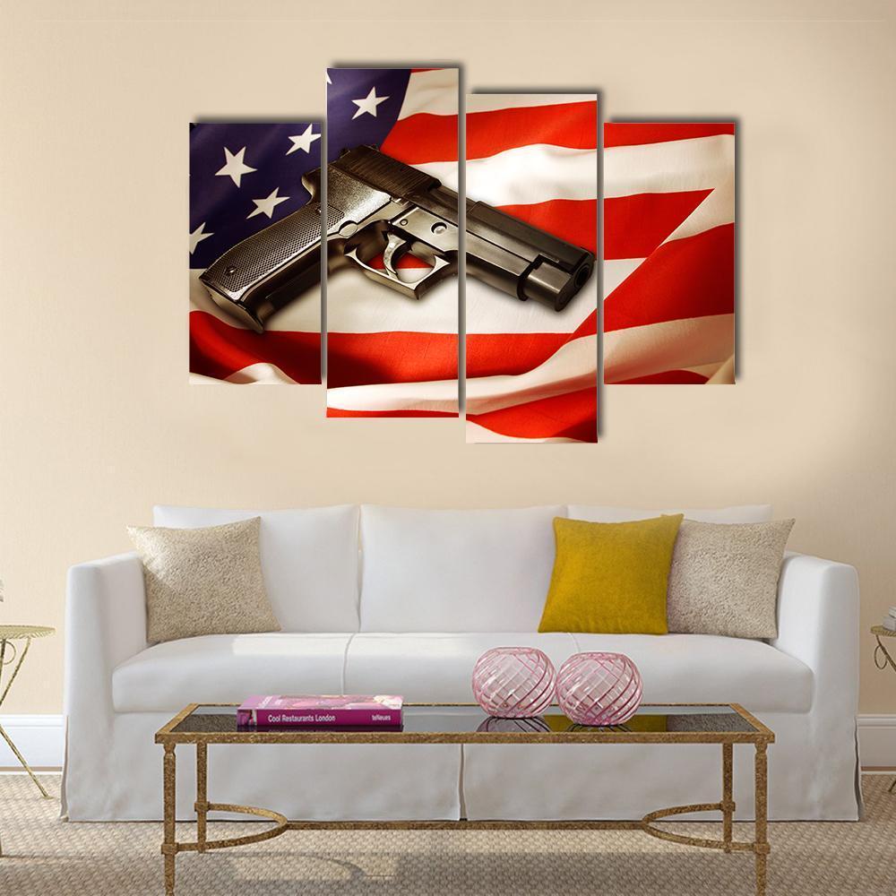 Gun Lying On American Flag Canvas Wall Art-4 Pop-Gallery Wrap-50" x 32"-Tiaracle