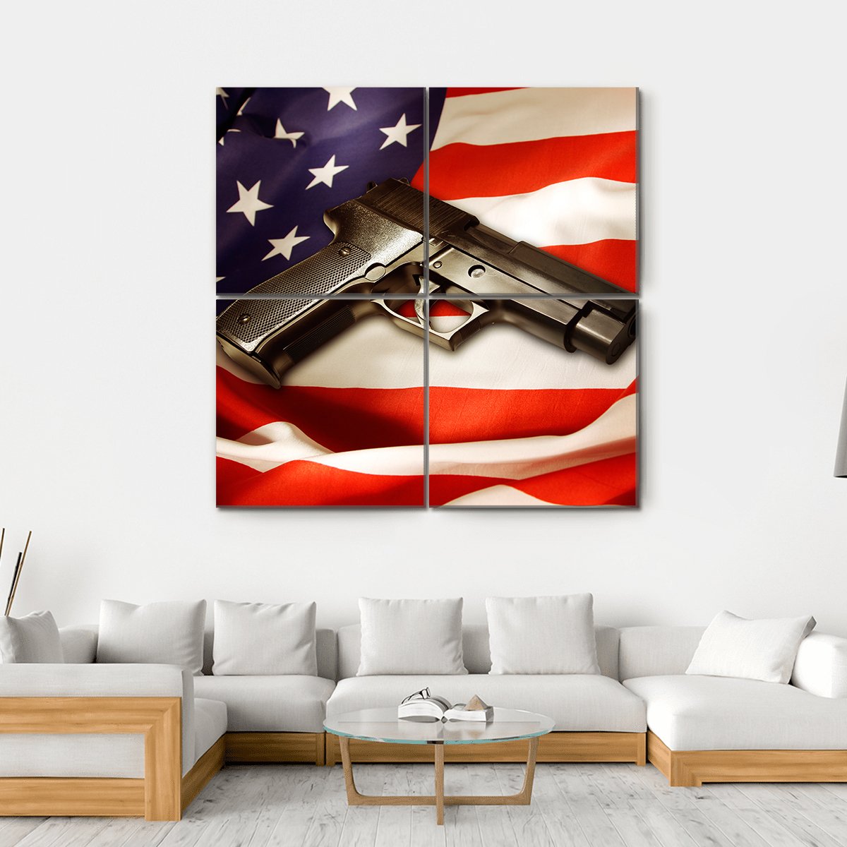 Gun Lying On American Flag Canvas Wall Art-4 Square-Gallery Wrap-17" x 17"-Tiaracle
