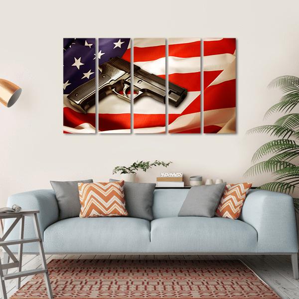 Gun Lying On American Flag Canvas Wall Art-5 Horizontal-Gallery Wrap-22" x 12"-Tiaracle