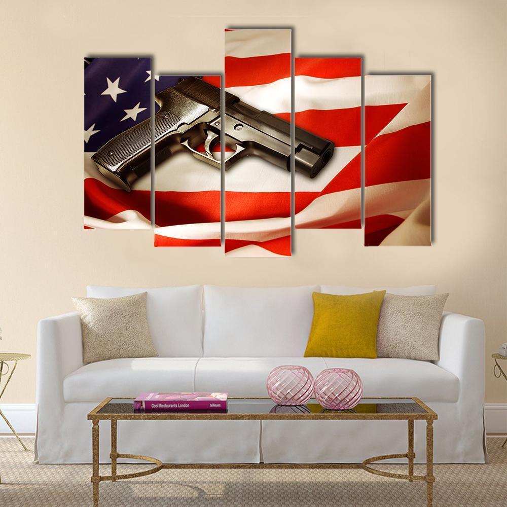 Gun Lying On American Flag Canvas Wall Art-5 Pop-Gallery Wrap-47" x 32"-Tiaracle