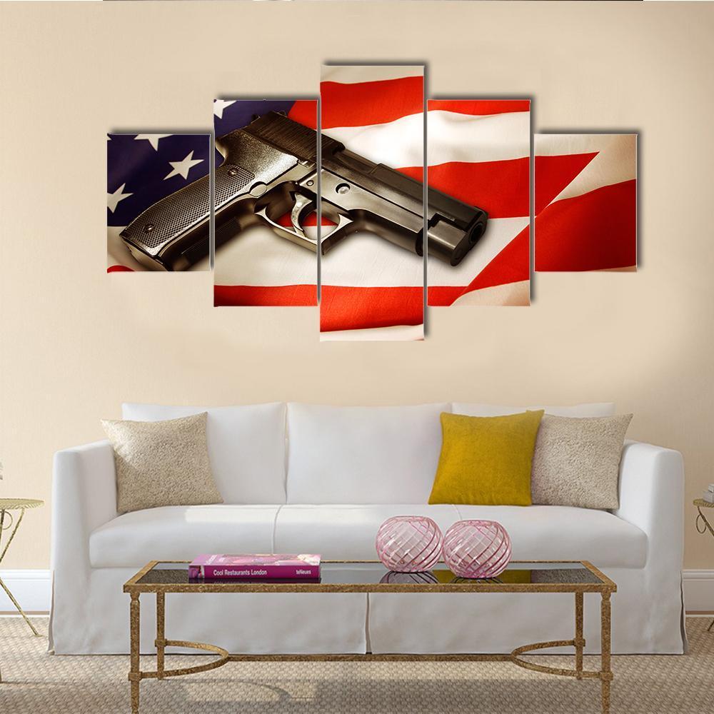 Gun Lying On American Flag Canvas Wall Art-5 Star-Gallery Wrap-62" x 32"-Tiaracle