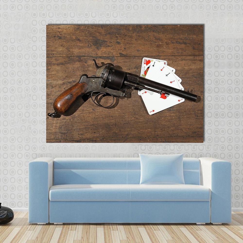 Gun & Cards On Table Canvas Wall Art-4 Horizontal-Gallery Wrap-34" x 24"-Tiaracle