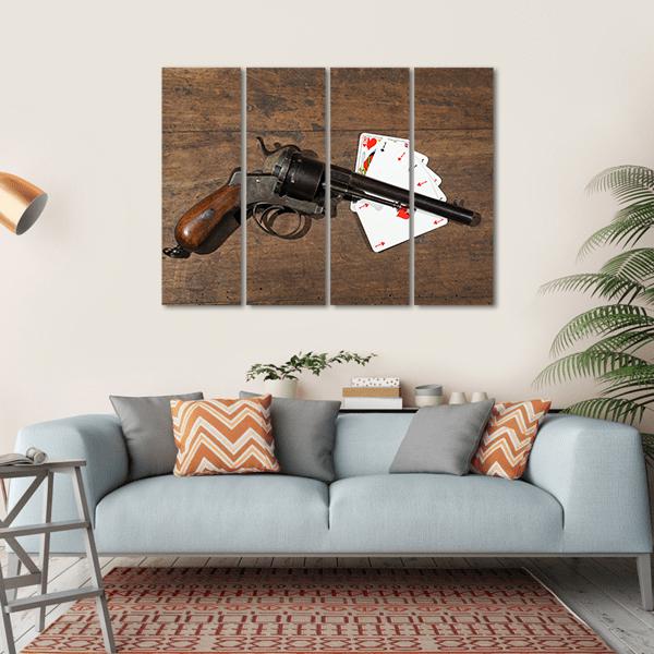 Gun & Cards On Table Canvas Wall Art-4 Horizontal-Gallery Wrap-34" x 24"-Tiaracle