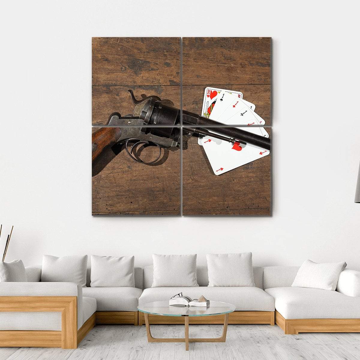 Antique Revolver and Playing Cards on Wooden Table Canvas Wall Art in black, white and brown, hung on a wall