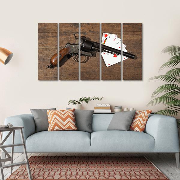 Gun & Cards On Table Canvas Wall Art-5 Horizontal-Gallery Wrap-22" x 12"-Tiaracle