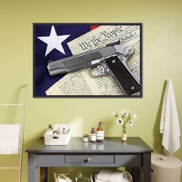 Gun with American Flag Canvas Wall Art in gray, beige and blue, framed canvas, product view on a white background