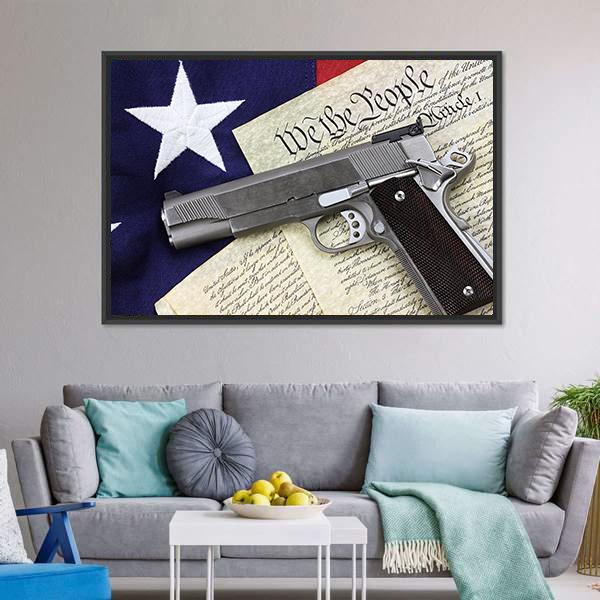 Gun With American Flag Canvas Wall Art-5 Horizontal-Gallery Wrap-22" x 12"-Tiaracle