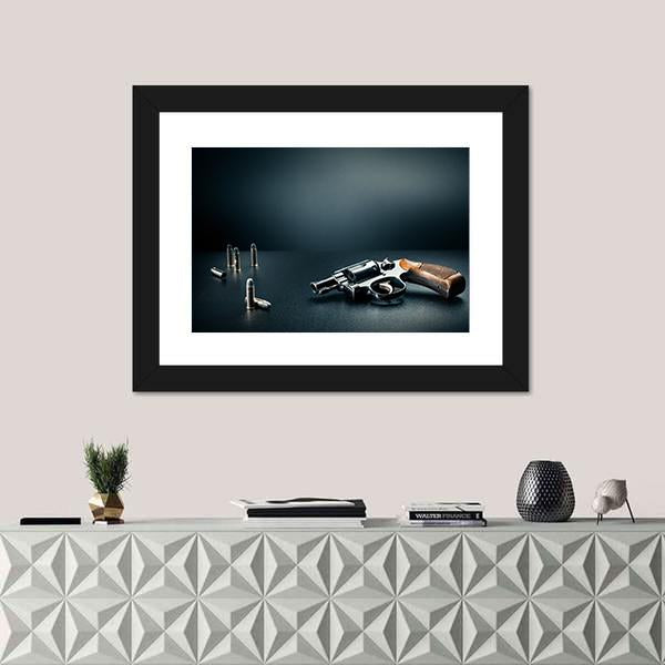 Gun With Bullet Shells Canvas Wall Art-1 Piece-Framed Print-20" x 16"-Tiaracle