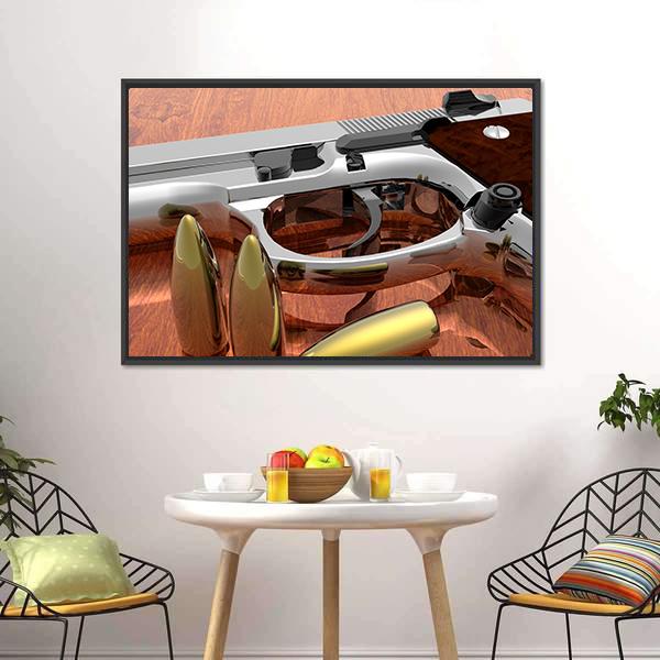 Gun With Bullets On Table Canvas Wall Art-5 Horizontal-Gallery Wrap-22" x 12"-Tiaracle