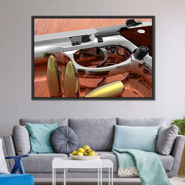 Gun With Bullets On Table Canvas Wall Art-5 Horizontal-Gallery Wrap-22" x 12"-Tiaracle