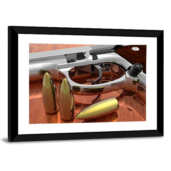 Gun With Bullets On Table Canvas Wall Art-5 Horizontal-Gallery Wrap-22" x 12"-Tiaracle