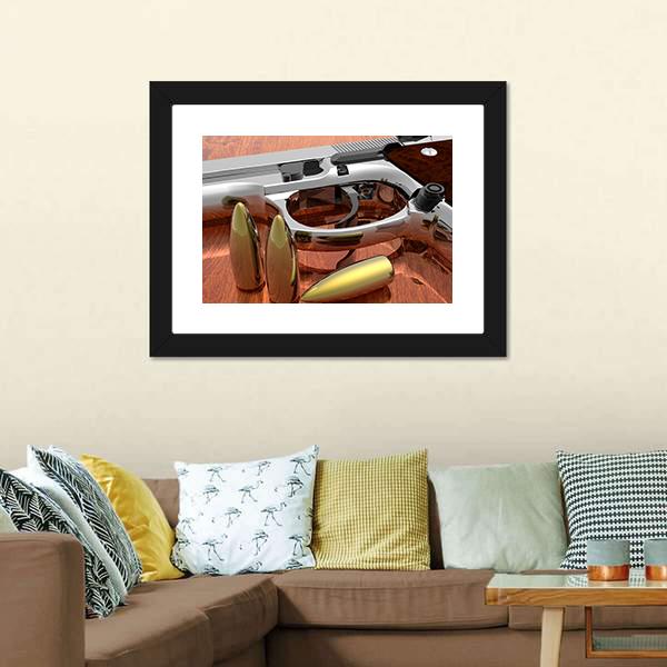 Gun With Bullets On Table Canvas Wall Art-5 Horizontal-Gallery Wrap-22" x 12"-Tiaracle