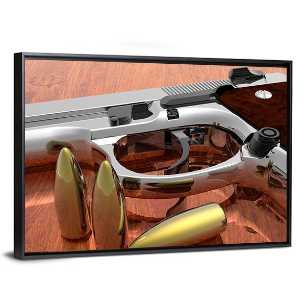 Gun With Bullets On Table Canvas Wall Art-5 Horizontal-Gallery Wrap-22" x 12"-Tiaracle
