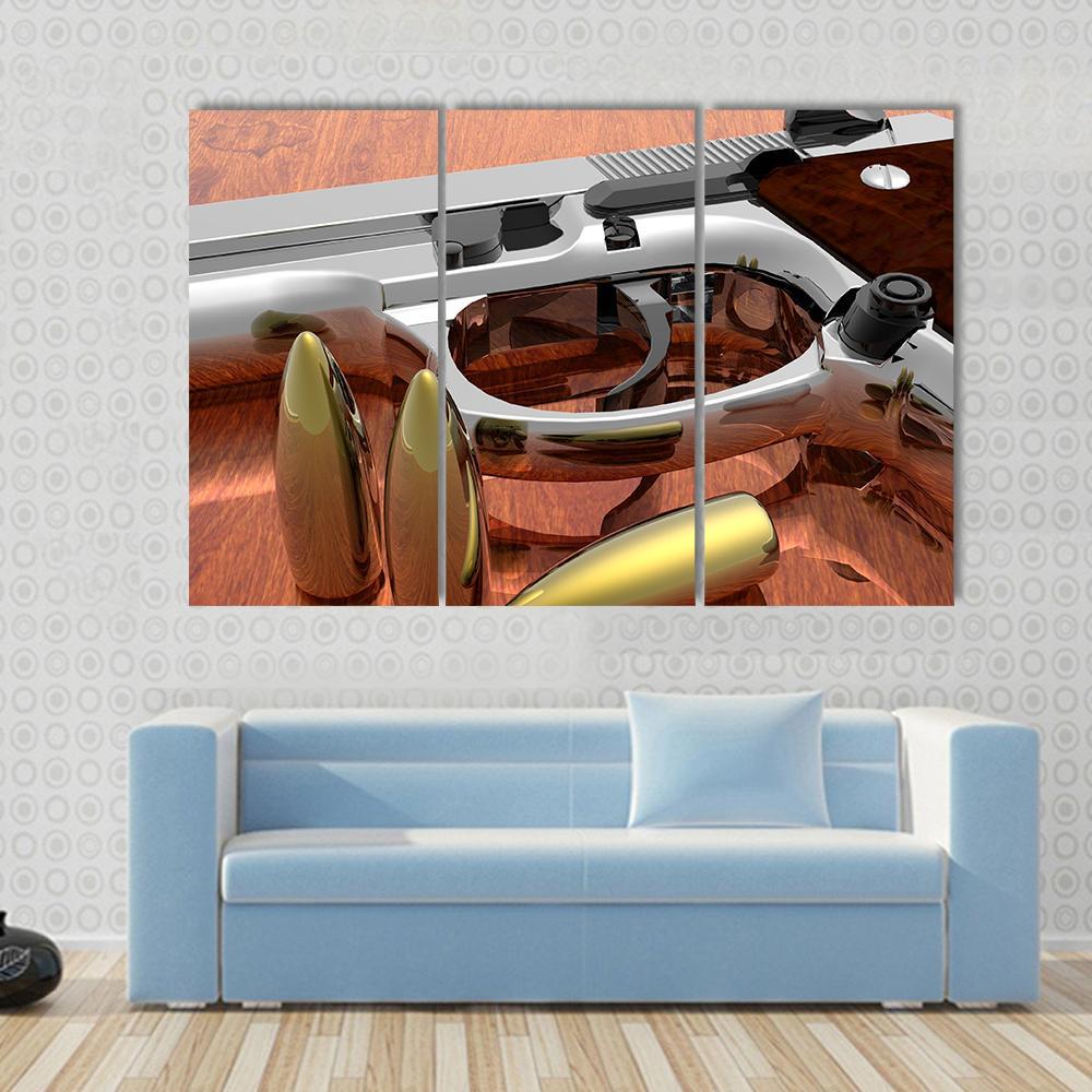 Gun With Bullets On Table Canvas Wall Art-3 Horizontal-Gallery Wrap-37" x 24"-Tiaracle