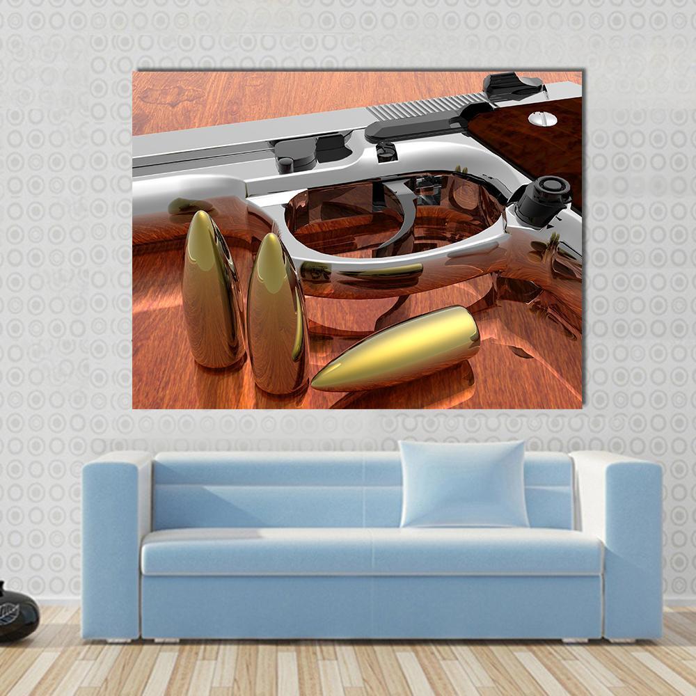 Gun With Bullets On Table Canvas Wall Art-1 Piece-Gallery Wrap-36" x 24"-Tiaracle