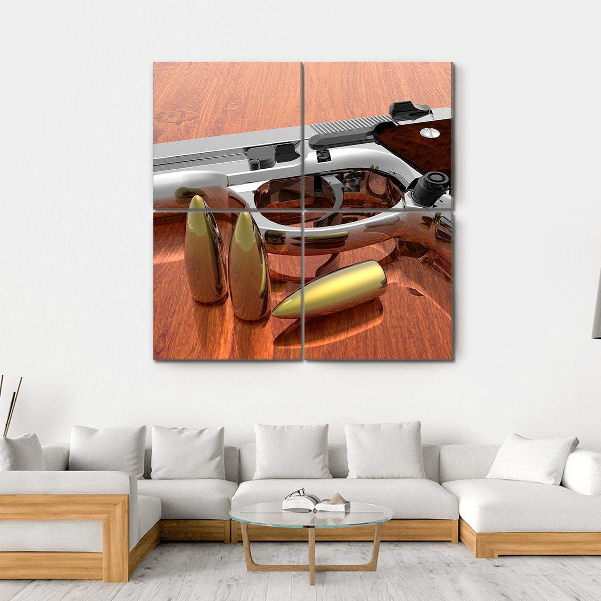 Gun With Bullets On Table Canvas Wall Art-4 Square-Gallery Wrap-17" x 17"-Tiaracle