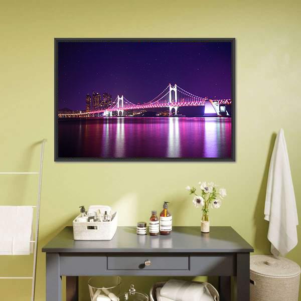 Gwangan Bridge At Night Canvas Wall Art-1 Piece-Floating Frame-36" x 24"-Tiaracle