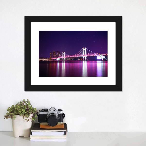 Gwangan Bridge At Night Canvas Wall Art-1 Piece-Framed Print-20" x 16"-Tiaracle