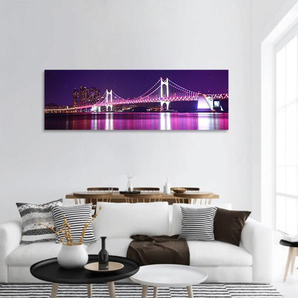 Gwangan Bridge At Night Panoramic Canvas Wall Art-1 Piece-36" x 12"-Tiaracle