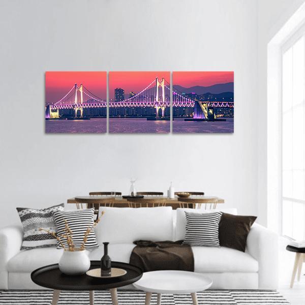 Gwangan Bridge At Night Busan Panoramic Canvas Wall Art-3 Piece-25" x 08"-Tiaracle