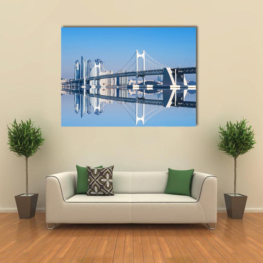 Gwangan Bridge Reflection Canvas Wall Art in white, gray and blue, single panel hung on a wall