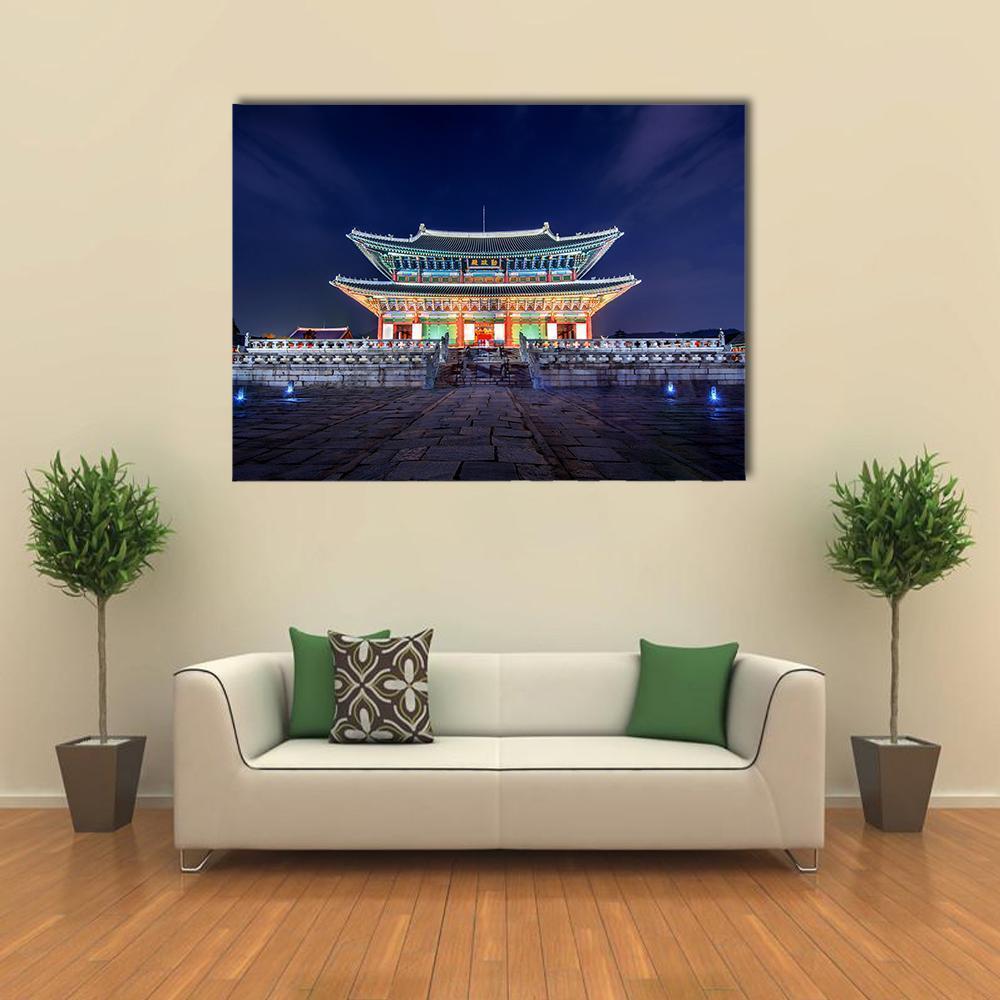Gyeongbokgung Palace at Night Canvas Wall Art in black and blue, single panel hung on a wall
