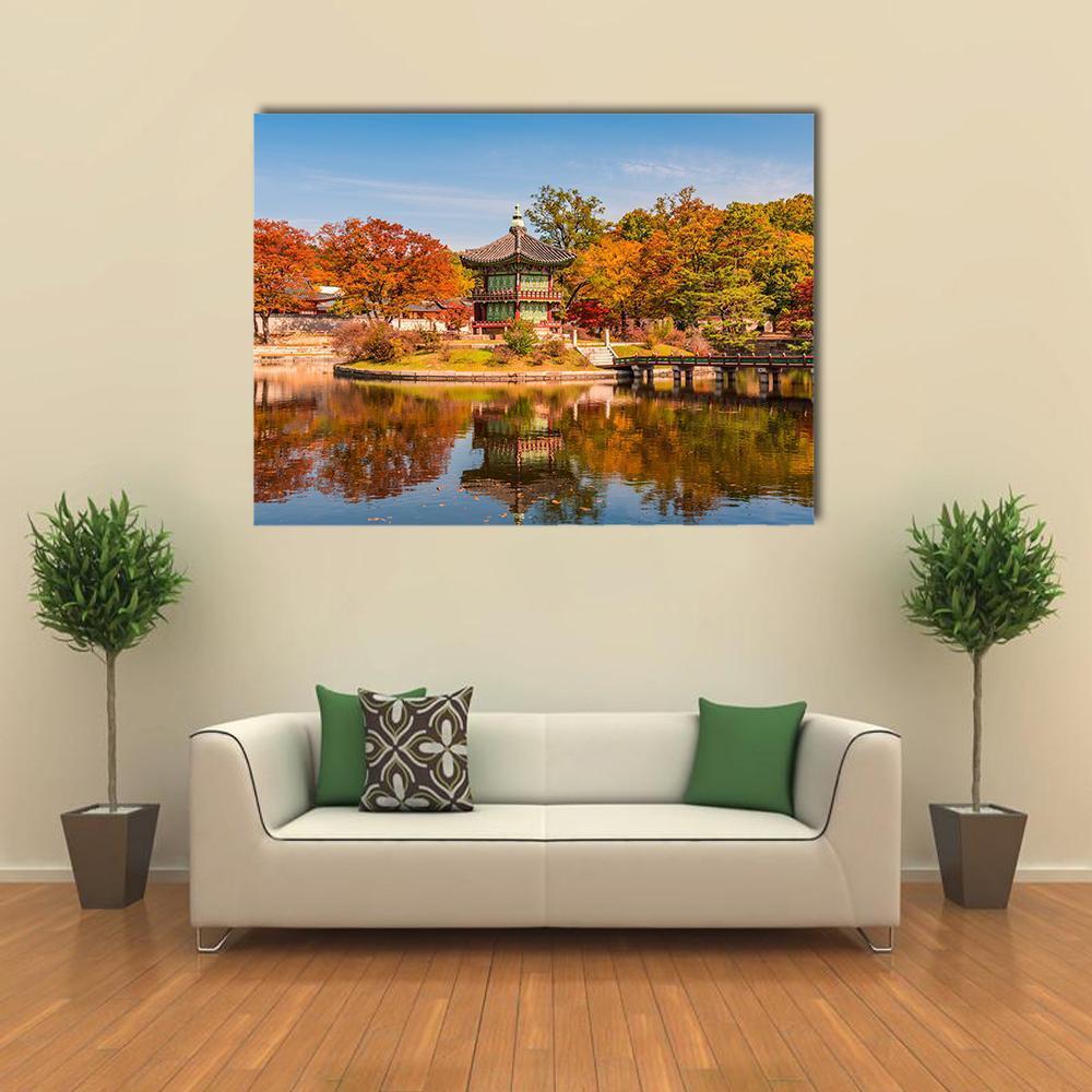 Gyeongbokgung Palace in Autumn Canvas Wall Art in brown, orange and blue, single panel hung on a wall