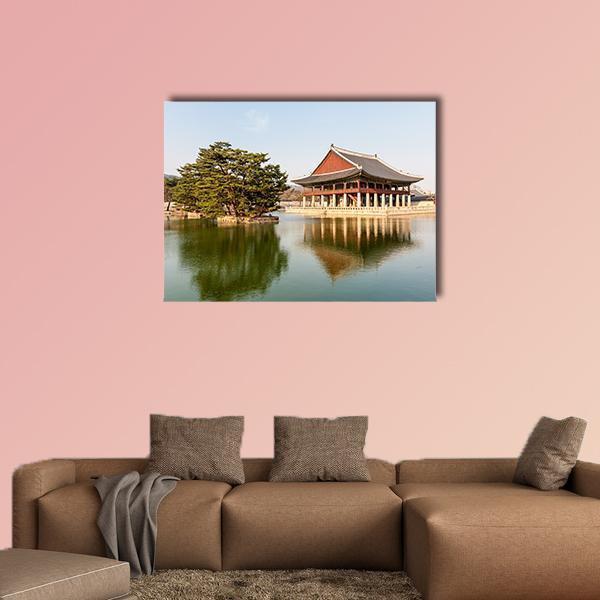 Gyeongbokgung Palace Canvas Wall Art in brown, green and blue, single panel hung on a wall