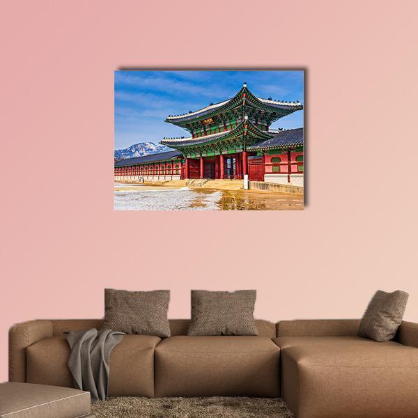Gyeongbokgung Palace in Winter Canvas Wall Art in beige, red and blue, single panel hung on a wall