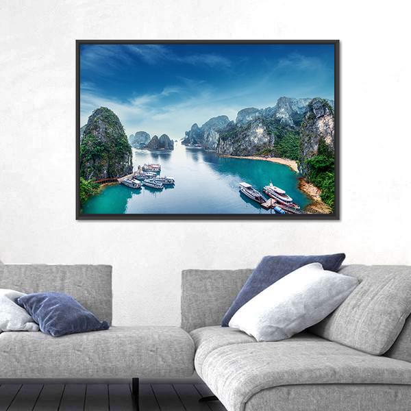 Ha Long Bay, Vietnam Seascape Canvas Wall Art in green and blue, framed canvas, product view on a white background