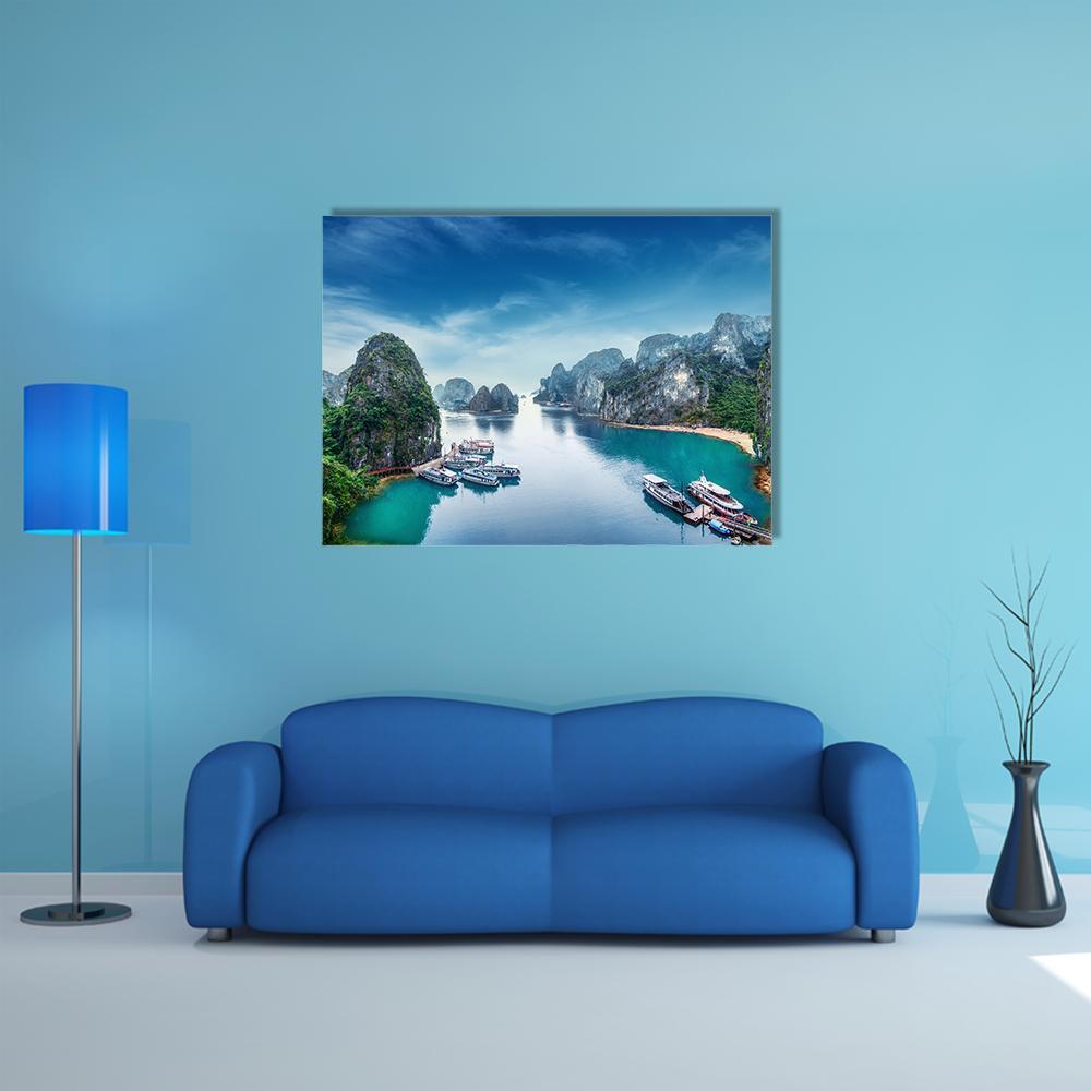 Ha Long Bay, Vietnam Seascape Canvas Wall Art in green and blue, single panel hung on a wall