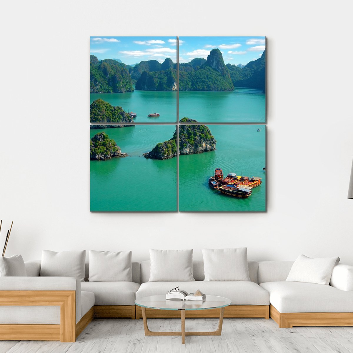 Ha Long Bay Limestone Karsts with Junk Boats Canvas Wall Art in green and blue, hung on a wall