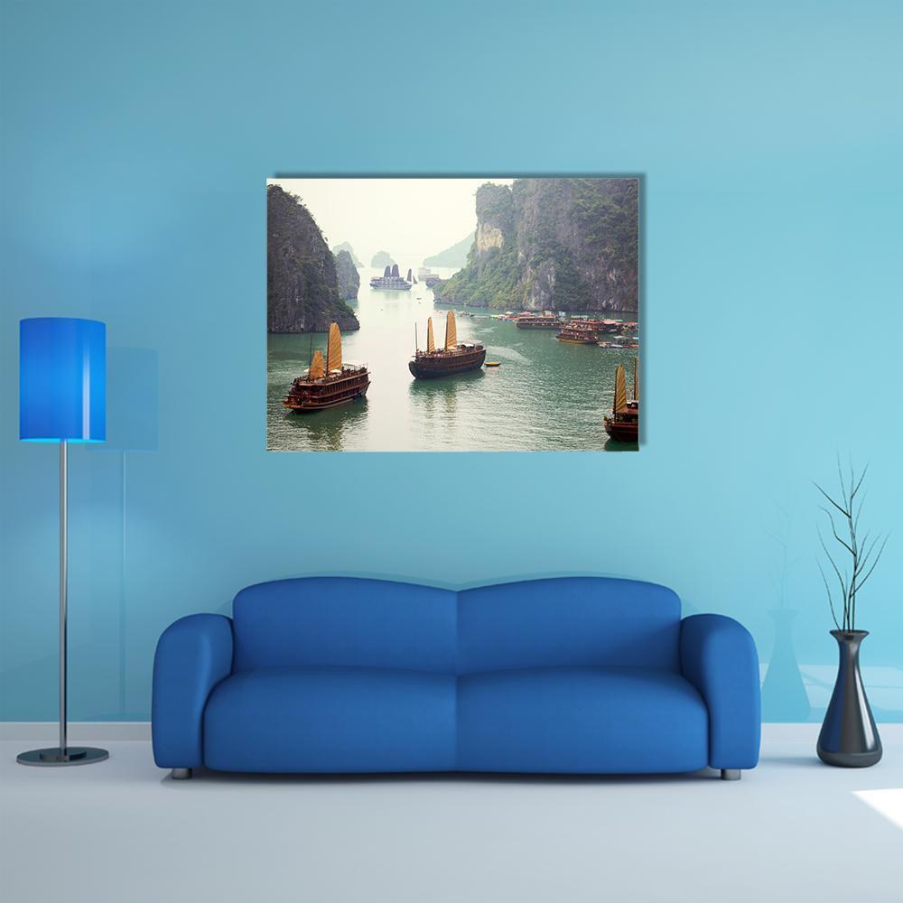 Ha Long Bay Limestone Karsts and Boats Canvas Wall Art in beige, brown and green, single panel hung on a wall