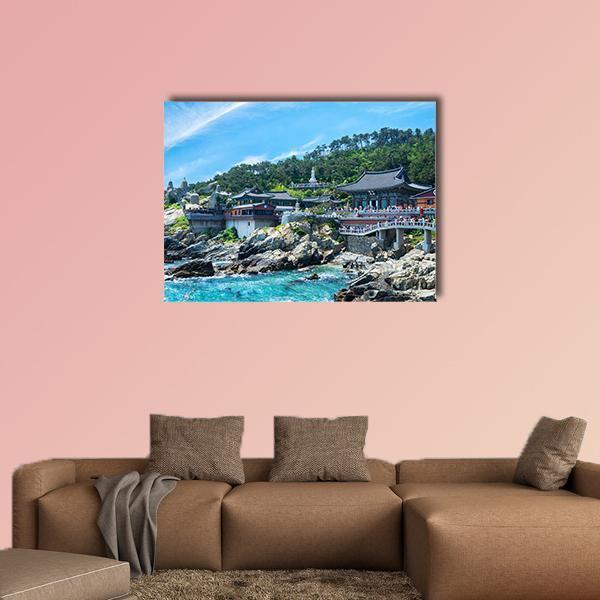 Haedong Yonggungsa Temple Canvas Wall Art in gray, green and blue, single panel hung on a wall