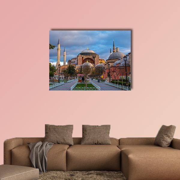 Hagia Sophia Mosque, Istanbul Canvas Wall Art in brown, gold and blue, single panel hung on a wall