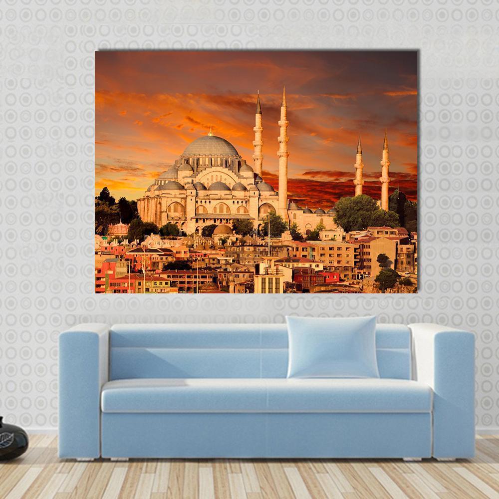 Hagia Sophia at Dusk Canvas Wall Art in brown, orange and yellow, single panel hung on a wall