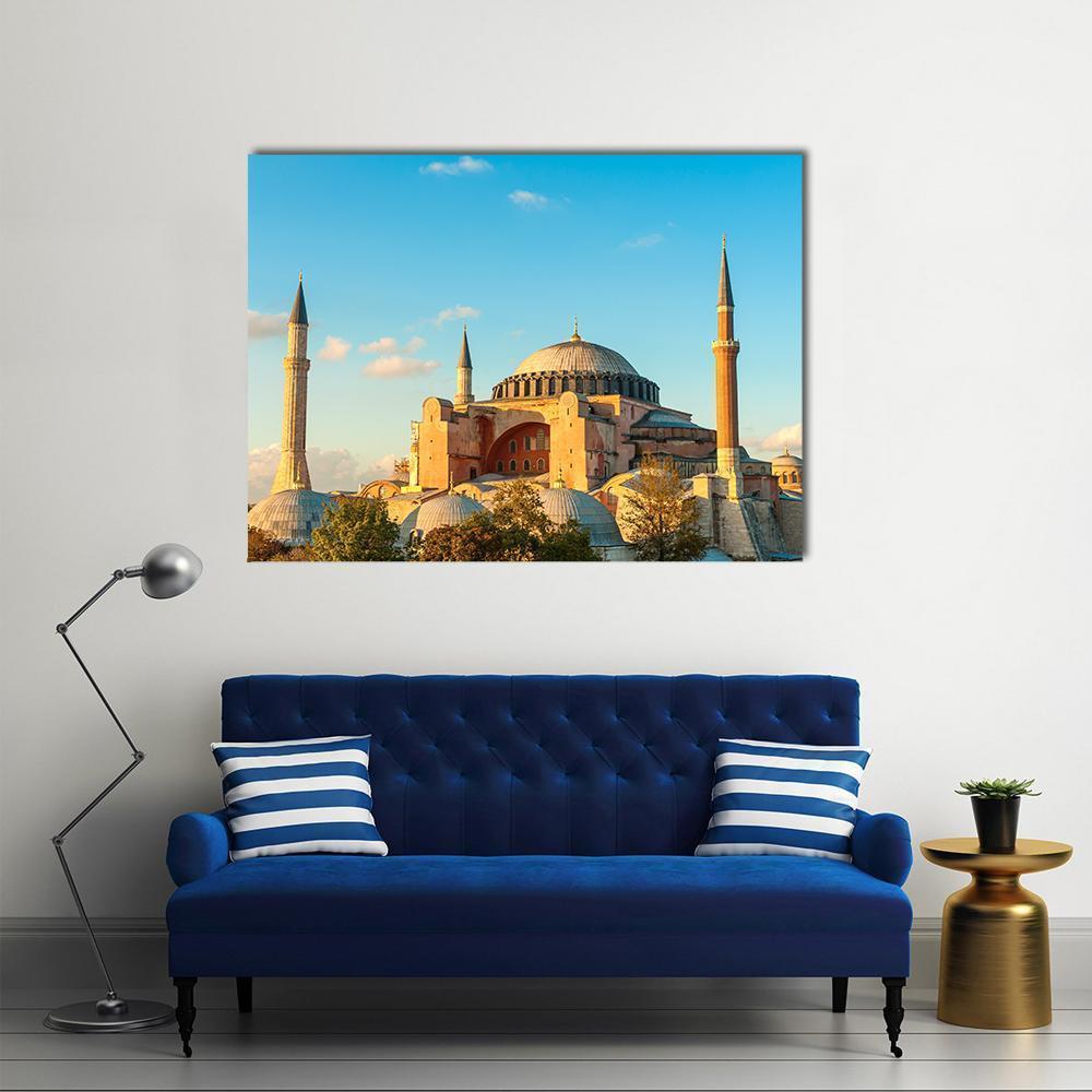 Hagia Sophia at Golden Hour Canvas Wall Art in gold, orange and blue, single panel hung on a wall