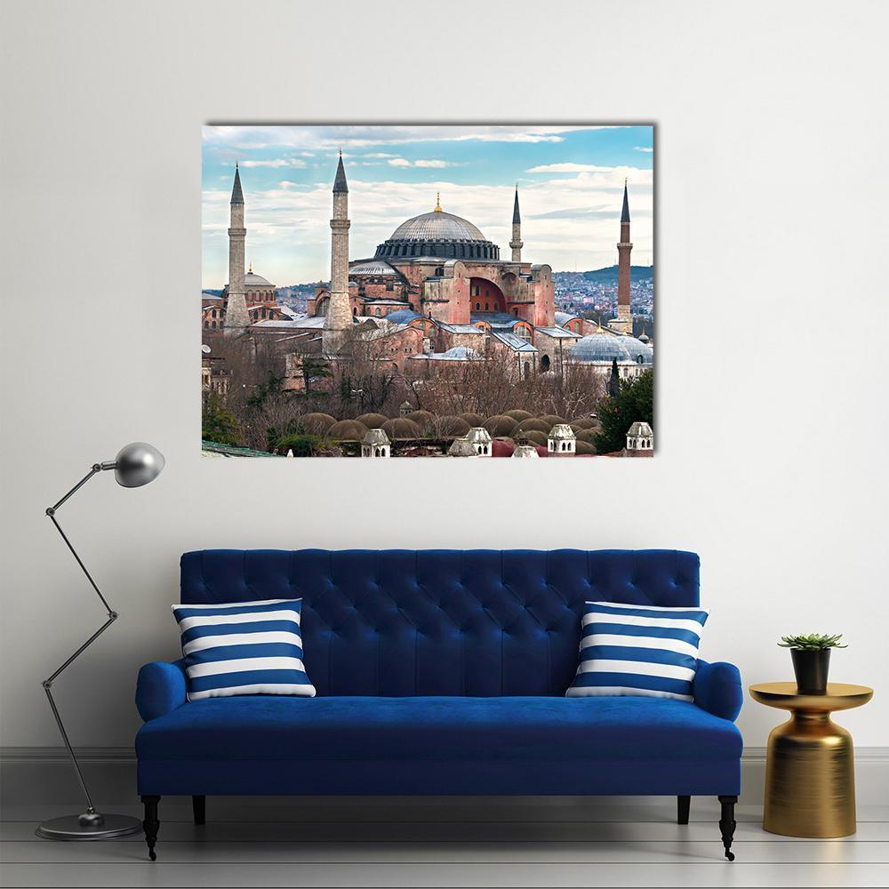 Hagia Sophia Mosque, Istanbul Canvas Wall Art in gray, brown and blue, single panel hung on a wall