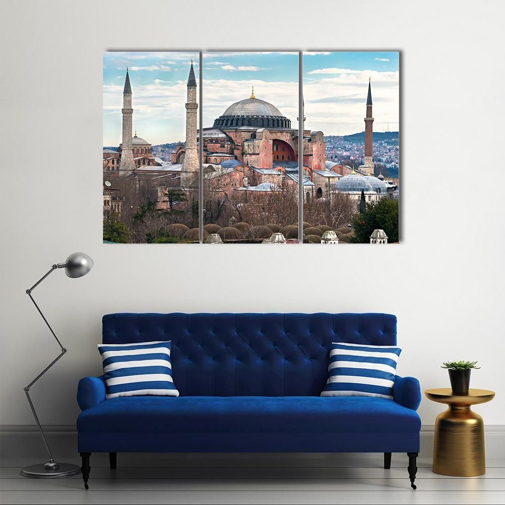 Hagia Sophia with Dome and Minarets Canvas Wall Art in gray, brown and blue, 3 panel horizontal set hung on a wall