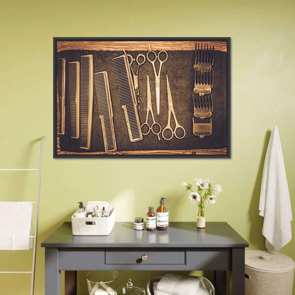 Vintage Hairdressing Tools Close-up Canvas Wall Art in black, beige and brown, framed canvas, product view on a white background