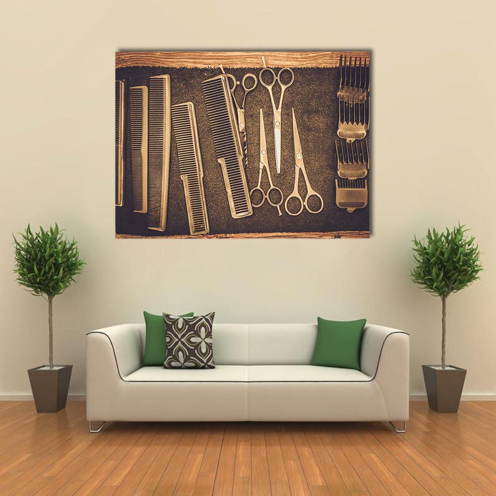 Vintage Hairdressing Tools Close-up Canvas Wall Art in black, beige and brown, single panel hung on a wall