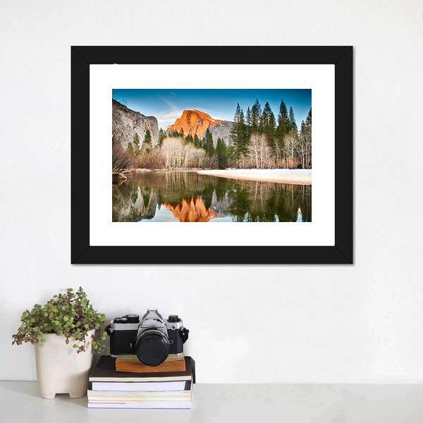 Half Dome In Merced River Canvas Wall Art-1 Piece-Framed Print-20" x 16"-Tiaracle