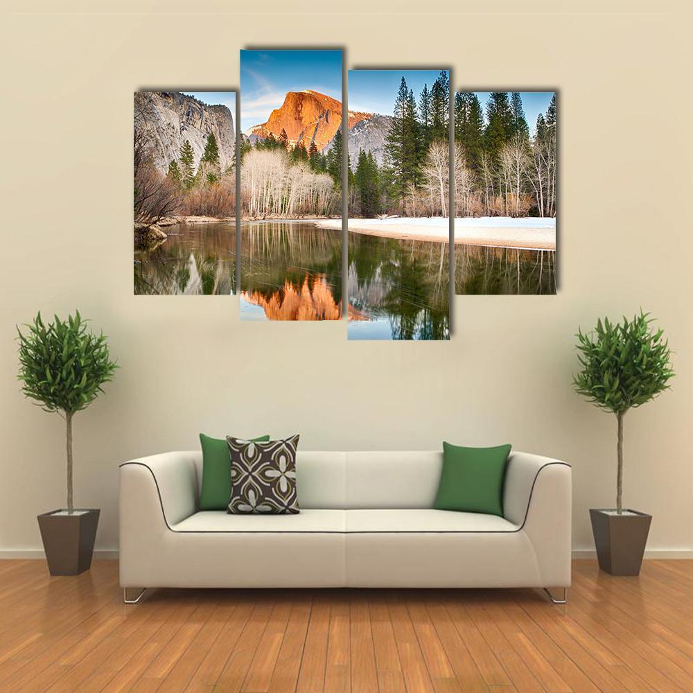 Half Dome In Merced River Canvas Wall Art-4 Pop-Gallery Wrap-50" x 32"-Tiaracle