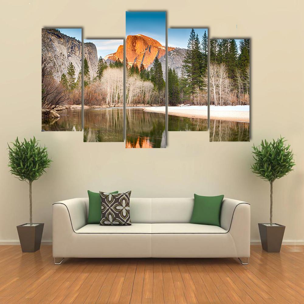 Half Dome In Merced River Canvas Wall Art-5 Pop-Gallery Wrap-47" x 32"-Tiaracle