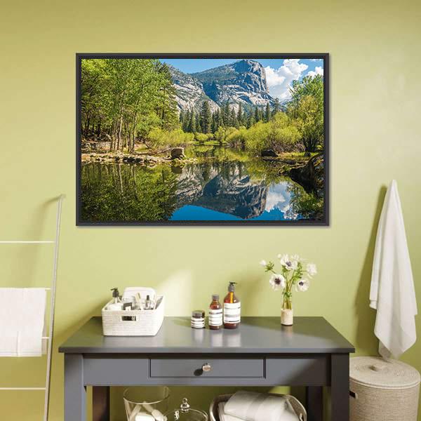 Half Dome Reflecting In Mirror Lake Canvas Wall Art-1 Piece-Floating Frame-24" x 16"-Tiaracle