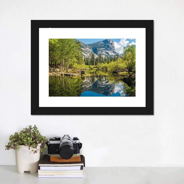 Half Dome Reflecting In Mirror Lake Canvas Wall Art-1 Piece-Framed Print-20" x 16"-Tiaracle