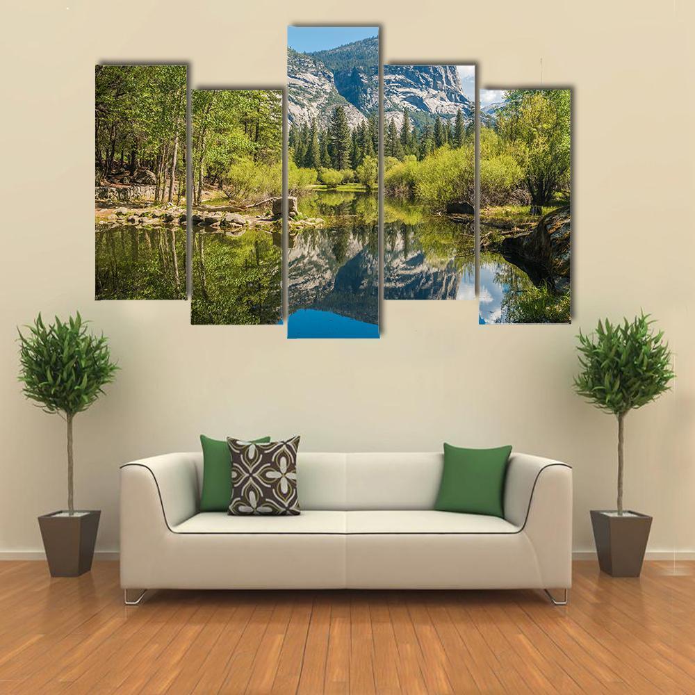 Half Dome Reflecting In Mirror Lake Canvas Wall Art-5 Pop-Gallery Wrap-47" x 32"-Tiaracle