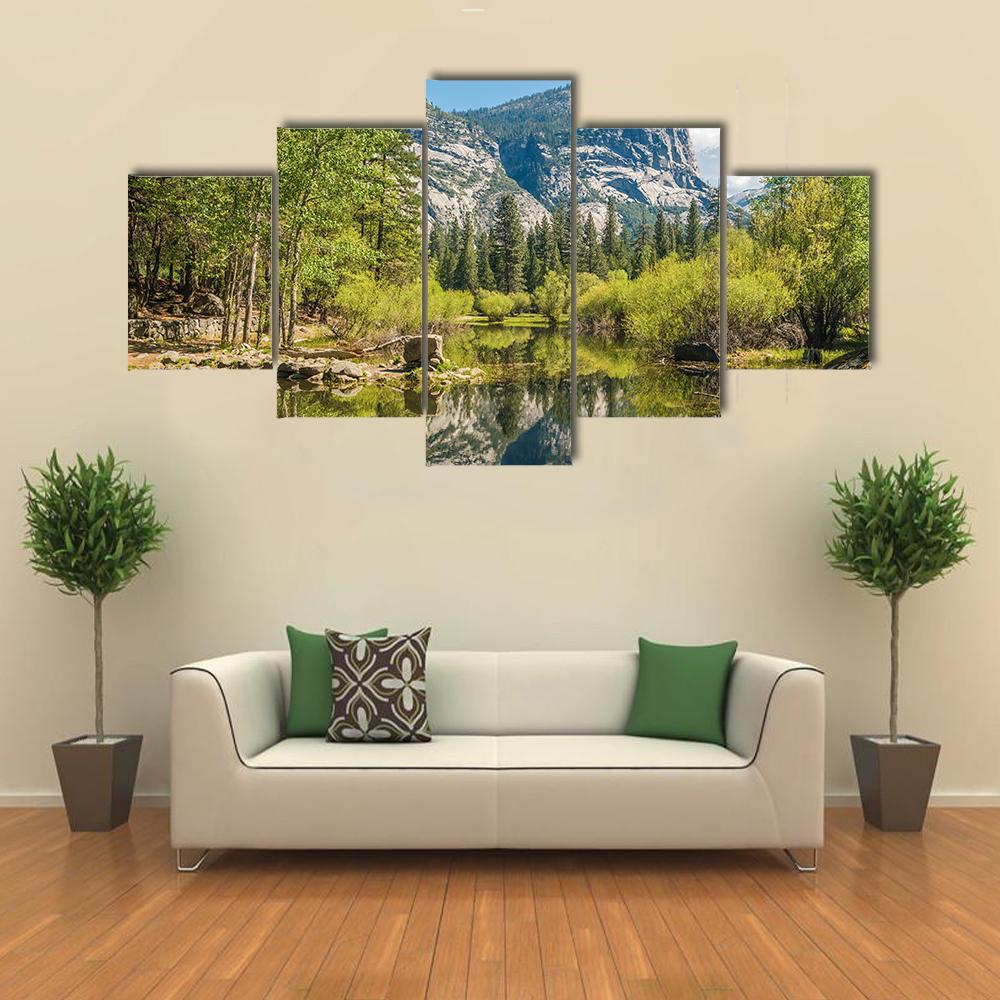 Half Dome Reflecting In Mirror Lake Canvas Wall Art-5 Star-Gallery Wrap-62" x 32"-Tiaracle