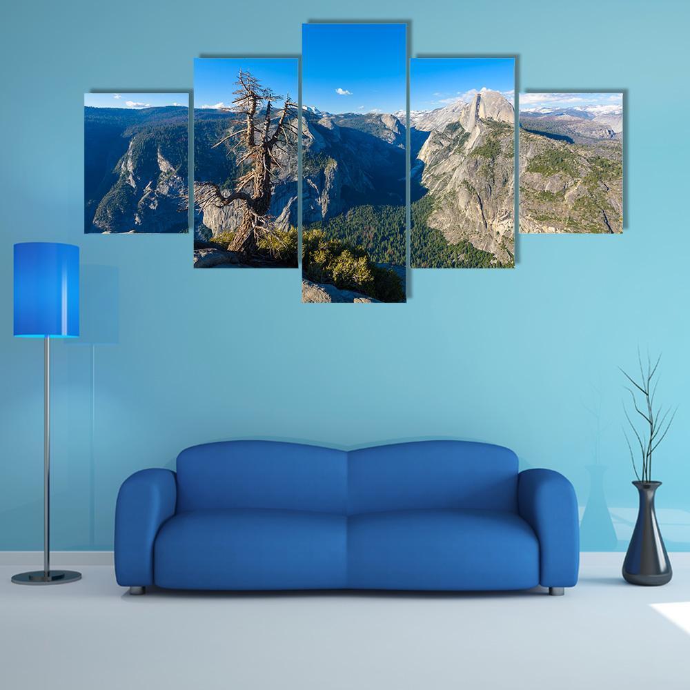 Half Dome in Yosemite Valley Canvas Wall Art in gray, green and blue, 5 panel Star layout hung on a wall